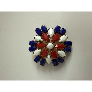 Vintage Patriotic Red White Blue Milk Glass Brooch‎ Prong Set Round Flower Weiss